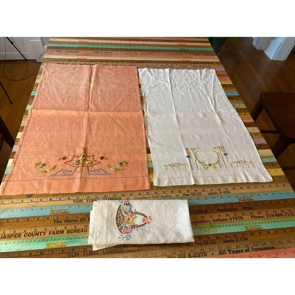 VINTAGE Hand Embroidered Tea Guest Towels Dresser Scarfs LINEN Floral Lot of 3